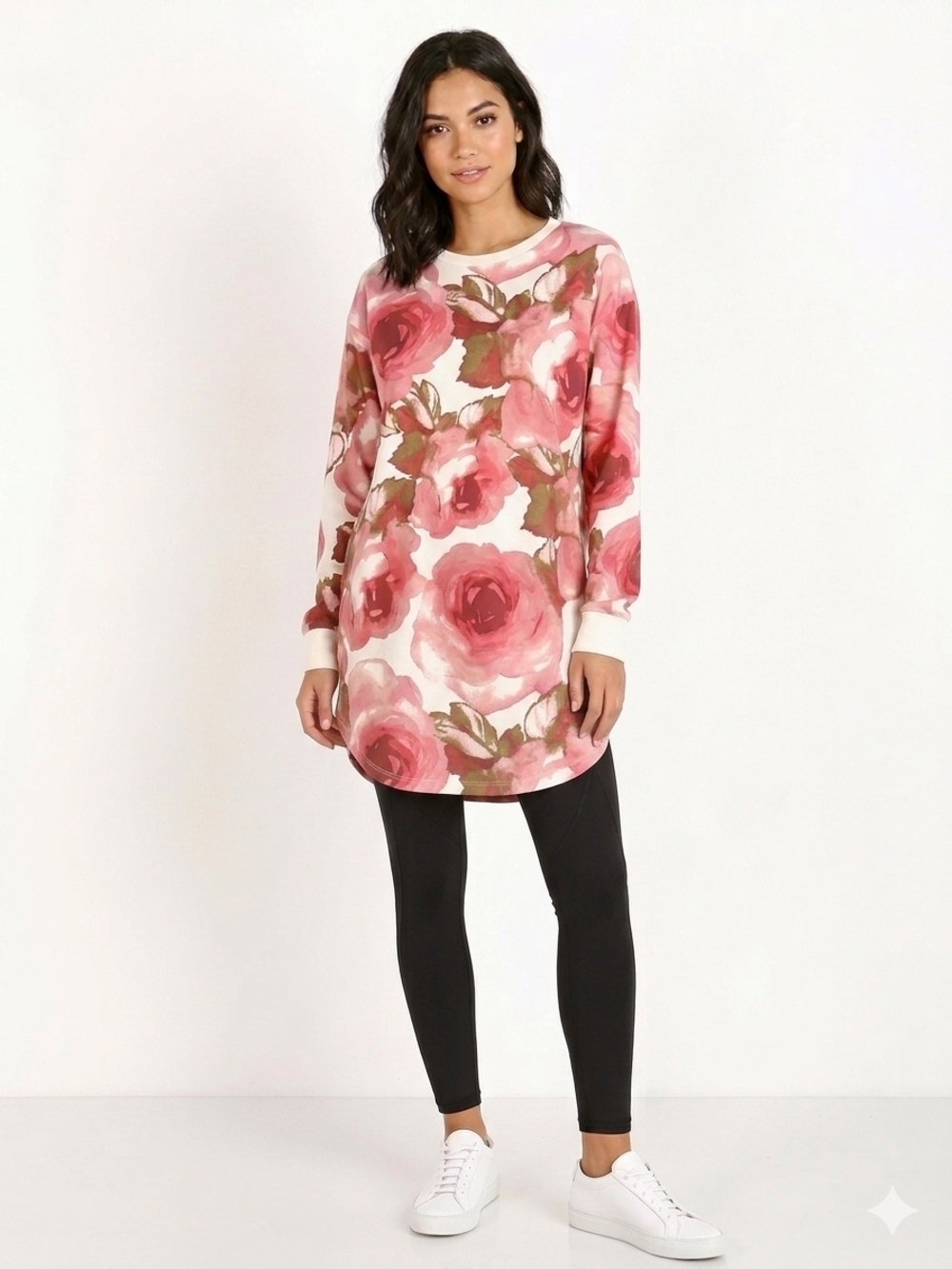 Floral Pink Rose Print Tunic Sweatshirt